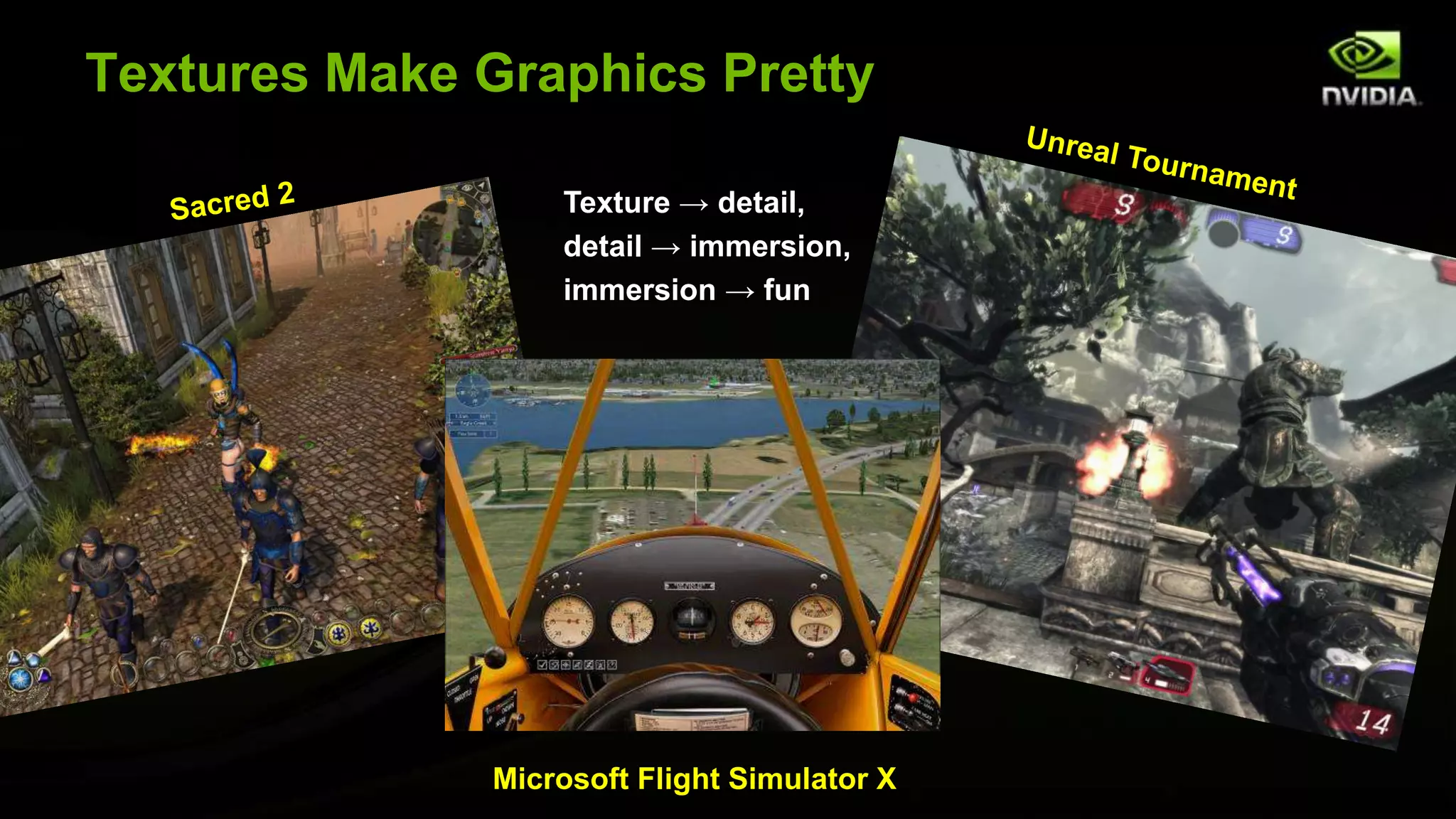 Textures Make Graphics Pretty

                  Texture → detail,
                  detail → immersion,
                  immersion → fun




              Microsoft Flight Simulator X
 