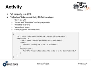 TinCanAPI.com #TinCanAPI
Activity
● “id” property is a URI
● “definition” takes an Activity Definition object
○ “type” is ...
