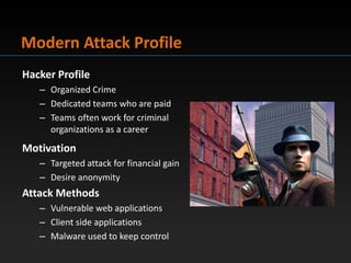 Modern Attack Profile
Hacker Profile
   – Organized Crime
   – Dedicated teams who are paid
   – Teams often work for crim...