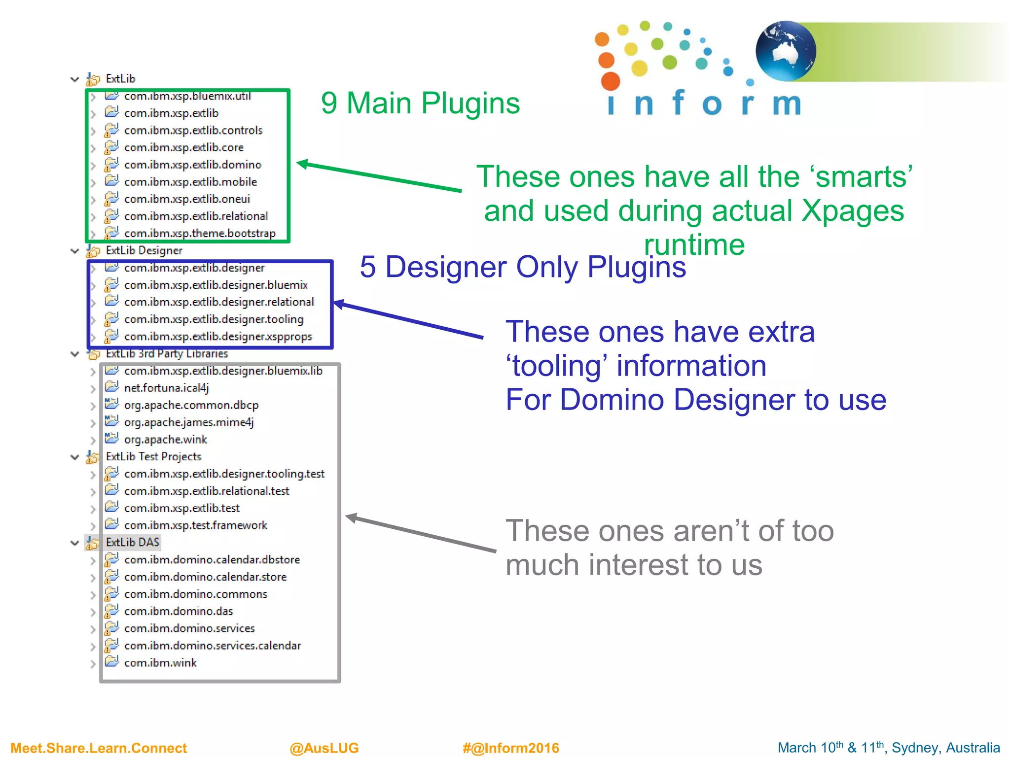 March 10th & 11th, Sydney, AustraliaMeet.Share.Learn.Connect @AusLUG #@Inform2016
These ones have all the ‘smarts’
and used during actual Xpages
runtime
These ones have extra
‘tooling’ information
For Domino Designer to use
These ones aren’t of too
much interest to us
9 Main Plugins
5 Designer Only Plugins
 