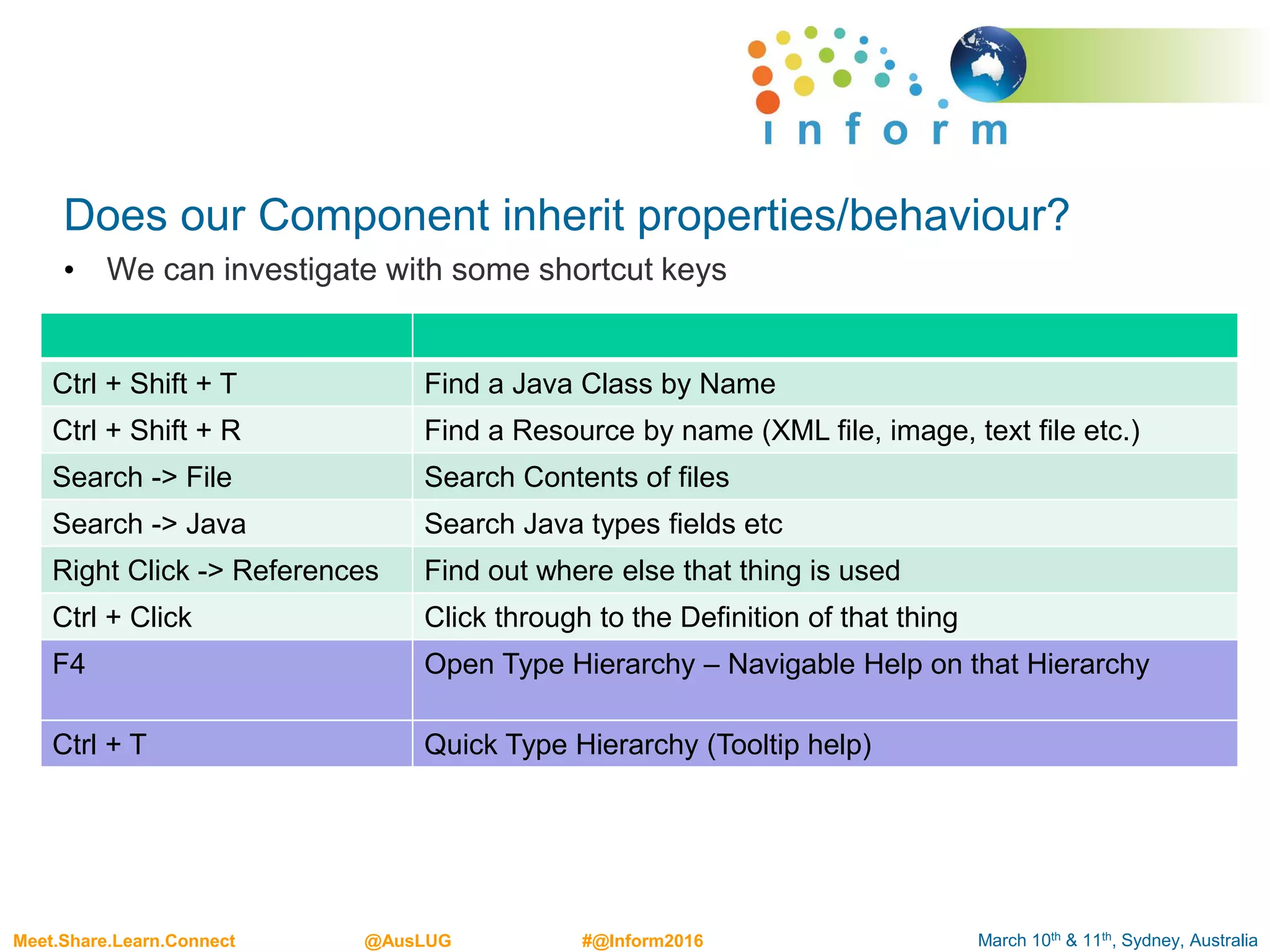 March 10th & 11th, Sydney, AustraliaMeet.Share.Learn.Connect @AusLUG #@Inform2016
Does our Component inherit properties/behaviour?
• We can investigate with some shortcut keys
Ctrl + Shift + T Find a Java Class by Name
Ctrl + Shift + R Find a Resource by name (XML file, image, text file etc.)
Search -> File Search Contents of files
Search -> Java Search Java types fields etc
Right Click -> References Find out where else that thing is used
Ctrl + Click Click through to the Definition of that thing
F4 Open Type Hierarchy – Navigable Help on that Hierarchy
Ctrl + T Quick Type Hierarchy (Tooltip help)
 