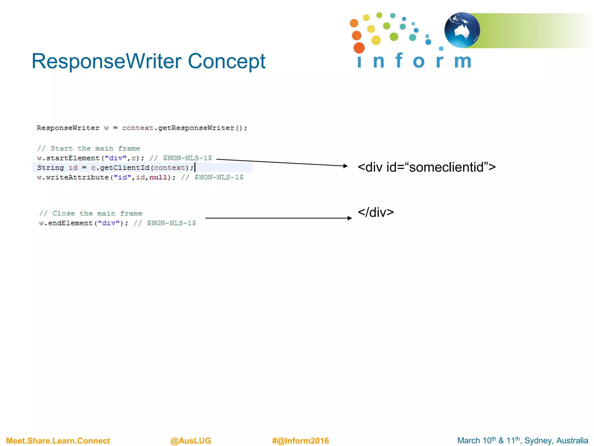 March 10th & 11th, Sydney, AustraliaMeet.Share.Learn.Connect @AusLUG #@Inform2016
ResponseWriter Concept
<div id=“someclientid”>
</div>
 