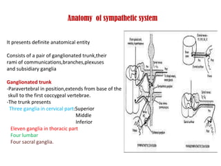 Anatomy  of sympathetic system It presents definite anatomical entity Consists of a pair of ganglionated trunk,their rami ...