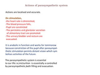 Actions of parasympathetic system Actions are localised and accurate. On stimulation, -the heart rate is diminished, -The ...