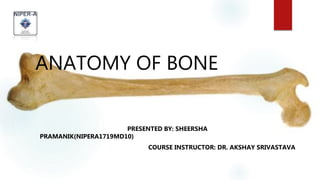 ANATOMY OF BONE
PRESENTED BY: SHEERSHA
PRAMANIK(NIPERA1719MD10)
COURSE INSTRUCTOR: DR. AKSHAY SRIVASTAVA
 