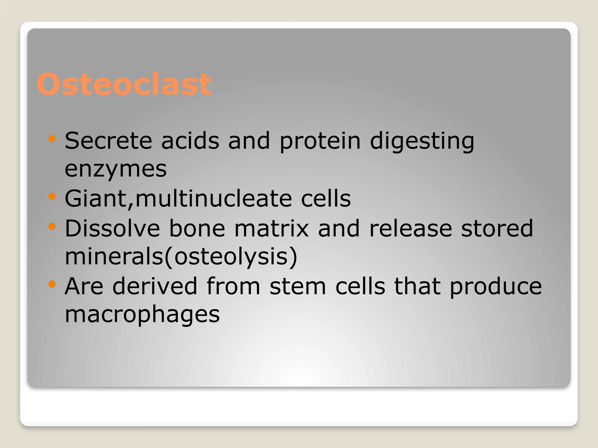 Osteoclast
 Secrete acids and protein digesting
enzymes
 Giant,multinucleate cells
 Dissolve bone matrix and release stored
minerals(osteolysis)
 Are derived from stem cells that produce
macrophages
 
