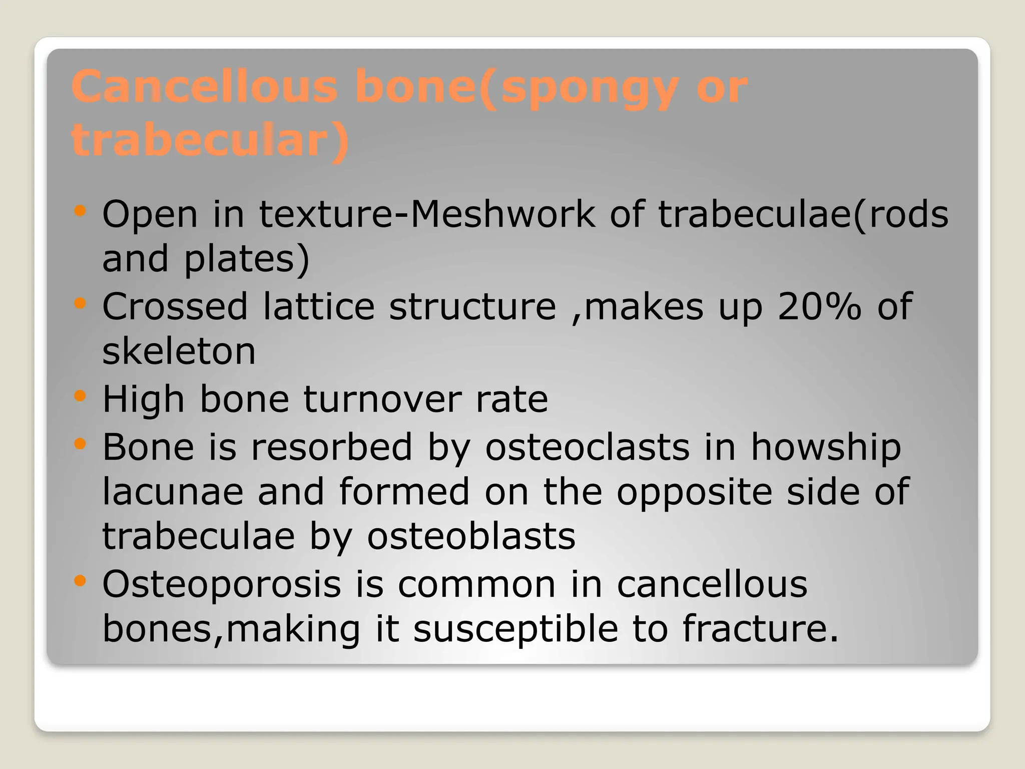 Cancellous bone(spongy or
trabecular)
 Open in texture-Meshwork of trabeculae(rods
and plates)
 Crossed lattice structure ,makes up 20% of
skeleton
 High bone turnover rate
 Bone is resorbed by osteoclasts in howship
lacunae and formed on the opposite side of
trabeculae by osteoblasts
 Osteoporosis is common in cancellous
bones,making it susceptible to fracture.
 