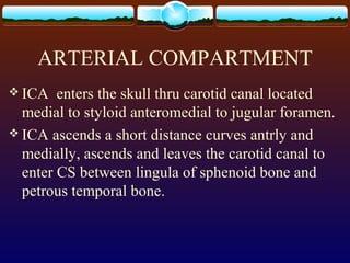 ARTERIAL COMPARTMENT
 ICA enters the skull thru carotid canal located
medial to styloid anteromedial to jugular foramen.
 ICA ascends a short distance curves antrly and
medially, ascends and leaves the carotid canal to
enter CS between lingula of sphenoid bone and
petrous temporal bone.
 
