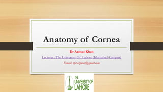 Anatomy of Cornea
Dr Azmat Khan
Lecturer: The University Of Lahore (Islamabad Campus)
Email: opt.azmat@gmail.com
 