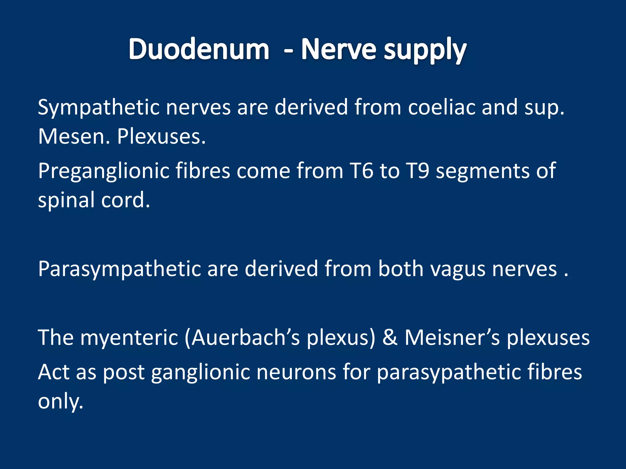 Sympathetic nerves are derived from coeliac and sup.
Mesen. Plexuses.
Preganglionic fibres come from T6 to T9 segments of
spinal cord.
Parasympathetic are derived from both vagus nerves .
The myenteric (Auerbach’s plexus) & Meisner’s plexuses
Act as post ganglionic neurons for parasypathetic fibres
only.
 