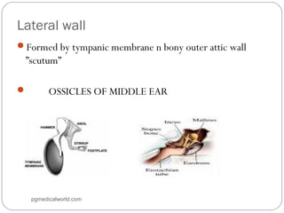 Lateral wall
Formed by tympanic membrane n bony outer attic wall
”scutum”
 OSSICLES OF MIDDLE EAR
pgmedicalworld.com
 