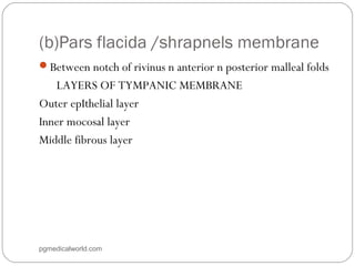 (b)Pars flacida /shrapnels membrane
Between notch of rivinus n anterior n posterior malleal folds
LAYERS OF TYMPANIC MEMBRANE
Outer epIthelial layer
Inner mocosal layer
Middle fibrous layer
pgmedicalworld.com
 