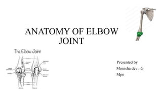 ANATOMY OF ELBOW
JOINT
Presented by
Monisha devi .G
Mpo
 