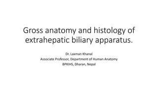 Gross anatomy and histology of
extrahepatic biliary apparatus.
Dr. Laxman Khanal
Associate Professor, Department of Human Anatomy
BPKIHS, Dharan, Nepal
 
