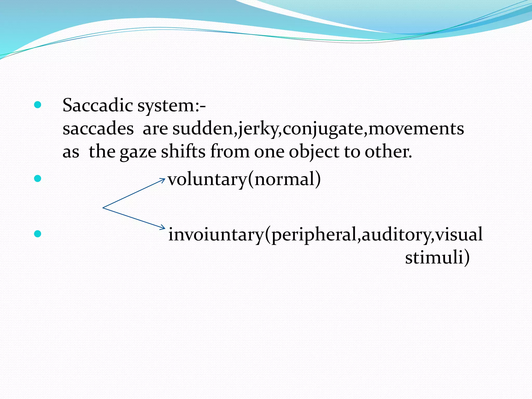  Saccadic system:- 
saccades are sudden,jerky,conjugate,movements 
as the gaze shifts from one object to other. 
 voluntary(normal) 
 invoiuntary(peripheral,auditory,visual 
stimuli) 
 