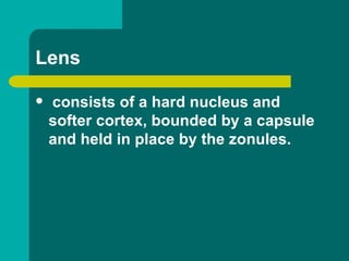 Lens
 consists of a hard nucleus and
softer cortex, bounded by a capsule
and held in place by the zonules.
 