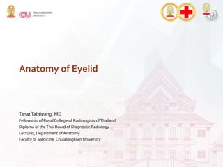 Anatomy of Eyelid
Tanat Tabtieang, MD
Fellowship of Royal College of Radiologists ofThailand
Diploma of theThai Board of Diagnostic Radiology
Lecturer, Department of Anatomy
Faculty of Medicine, Chulalongkorn University
 