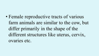 • Female reproductive tracts of various
farm animals are similar to the cow, but
differ primarily in the shape of the
different structures like uterus, cervix,
ovaries etc.
 