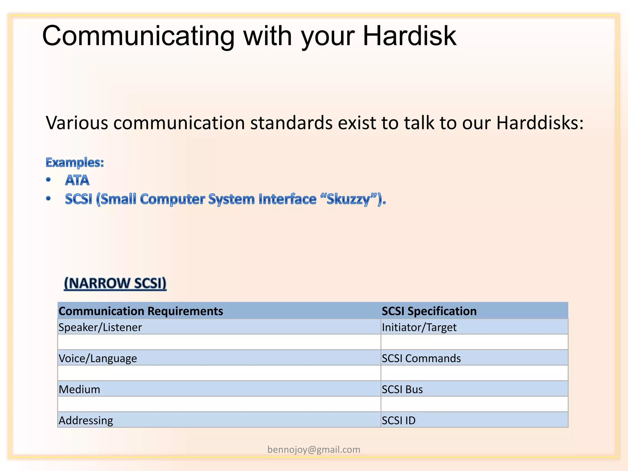 Communicating with your Hardisk


Various communication standards exist to talk to our Harddisks:




 Communication Requirements                        SCSI Specification
 Speaker/Listener                                  Initiator/Target

 Voice/Language                                    SCSI Commands

 Medium                                            SCSI Bus

 Addressing                                        SCSI ID

                              bennojoy@gmail.com
 