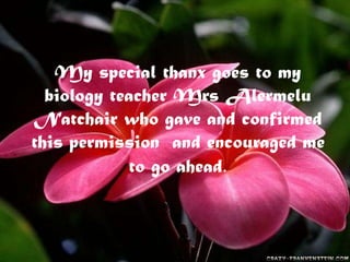 My special thanx goes to my
  biology teacher Mrs Alermelu
Natchair who gave and confirmed
this permission and encouraged me
            to go ahead.
 