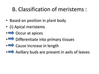 B. Classification of meristems :
• Based on position in plant body
• (i) Apical meristems
•      Occur at apices
•      Differentiate into primary tissues
•      Cause increase in length
•      Axillary buds are present in axils of leaves
 