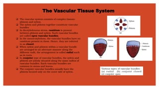 The Vascular Tissue System
❑ The vascular system consists of complex tissues-
phloem and xylem.
❑ The xylem and phloem together constitute vascular
bundles
❑ In dicotyledonous stems, cambium is present
between phloem and xylem. Such vascular bundles
are called open vascular bundles.
❑ In the monocotyledons, the vascular bundles have no
cambium present in them. Hence, they are referred
to as closed.
❑ When xylem and phloem within a vascular bundle
are arranged in an alternate manner along the
different radii, the arrangement is called radial such
as in roots.
❑ In conjoint type of vascular bundles, the xylem and
phloem are jointly situated along the same radius of
vascular bundles. Such vascular bundles are
common in stems and leaves.
❑ The conjoint vascular bundles usually have the
phloem located only on the outer side of xylem.
 