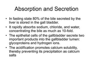 Absorption and Secretion
• In fasting state 80% of the bile secreted by the
liver is stored in the gall bladder.
• It rapidly absorbs sodium, chloride, and water,
concentrating the bile as much as 10-fold.
• The epithelial cells of the gallbladder secrete two
important products into the gallbladder lumen:
glycoproteins and hydrogen ions.
• The acidification promotes calcium solubility,
thereby preventing its precipitation as calcium
salts
 