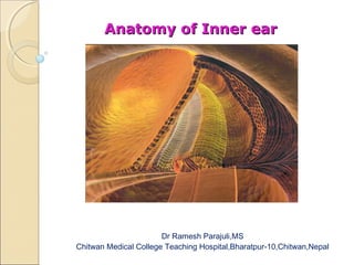 Anatomy of Inner ear
Anatomy of Inner ear
Dr Ramesh Parajuli,MS
Chitwan Medical College Teaching Hospital,Bharatpur-10,Chitwan,Nepal
 