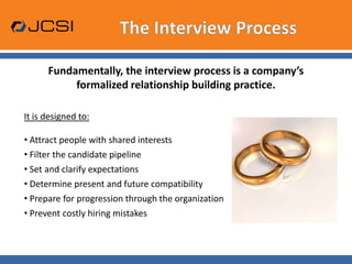 The Interview ProcessFundamentally, the interview process is a company’s formalized relationship building practice.It is designed to: Attract people with shared interests