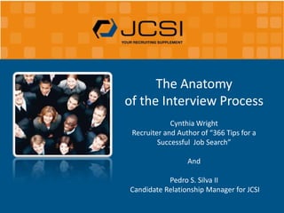 The Anatomy  of the Interview Process  Cynthia Wright Recruiter and Author of “366 Tips for a Successful  Job Search” And Pedro S. Silva II Candidate Relationship Manager for JCSI 