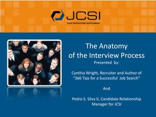 The Anatomy  of the Interview Process  Presented  by: Cynthia Wright, Recruiter and Author of “366 Tips for a Successful  Job Search” And Pedro S. Silva II, Candidate Relationship Manager for JCSI 