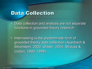 V2 - 4/15/2010Copyright 2005@DAJasinski15Data CollectionData collection and analysis are not separate functions in grounded theory research Interviewing is the predominate form of grounded theory data collection (Auerbach & Silverstein, 2003; Glaser, 2004; Strauss & Corbin, 1990, 1998).