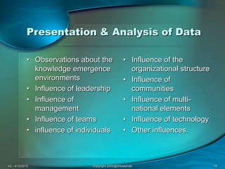V2 - 4/15/2010Copyright 2005@DAJasinski18Presentation & Analysis of DataObservations about the knowledge emergence environmentsInfluence of leadershipInfluence of managementInfluence of teamsinfluence of individualsInfluence of the organizational structureInfluence of communitiesInfluence of multi-national elementsInfluence of technologyOther influences. 