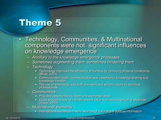 V2 - 4/15/2010Copyright 2005@DAJasinski24Theme 5Technology, Communities, & Multinational components were not  significant influences on knowledge emergenceAncillary to the knowledge emergence processesSometimes augmenting them, sometimes hindering themTechnologyTechnology improved the efficiency of humans by removing physical constraints (Bhatt, 2001)Communication tools - communication was essential to knowledge sharing and knowledge transferThe use of technology was both prevalent and second nature to technical professionalsCommunitiesProvided opportunities to learn and exchange ideas Could provide a type of intrinsic reward value such as recognition of expertise (Hisop, 2003)Multinational elements International counterparts were sources of cultural and political information