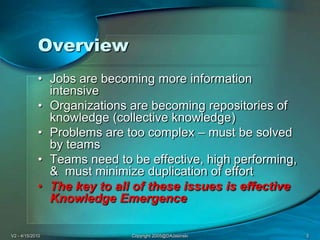 V2 - 4/15/2010Copyright 2005@DAJasinski3OverviewJobs are becoming more information intensiveOrganizations are becoming repositories of knowledge (collective knowledge)Problems are too complex – must be solved by teamsTeams need to be effective, high performing, &  must minimize duplication of effortThe key to all of these issues is effective Knowledge Emergence