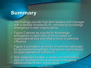 V2 - 4/15/2010Copyright 2005@DAJasinski33SummaryThe findings provide high-tech leaders and manager with a familiar framework for addressing knowledge emergence in their organizationsFigure 2 serves as a guide for knowledge emergence in each area of focus based on organizational size and relative level of potential influenceFigure 3 provides a summary of common attributes for successful knowledge emergence organizations for each element of frameworkWith these two models, a leader can formulate a plan for developing the knowledge emergence effectiveness of their organization