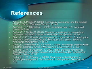 V2 - 4/15/2010Copyright 2005@DAJasinski34ReferencesArthur, M., & Parker, P. (2002). Technology, community, and the practice of HRM. Human Resource Planning, 38 - 46. Auerbach, c., & Silverstein, L. (2003). Qualitative data. N.Y.: New York University Press. Bailey, C., & Clarke, M. (2001). Managing knowledge for personal and organisational benefit. Journal of Knowledge Management, 32, 58. Bhatt, G. (2001). Knowledge management in organizations: Examining the interaction between technologies, techniques and people. Journal of Knowledge Management, 5, 68-75. Corno, F., Reinmoeller, P., & Nonaka, I. (1999). Knowledge creation within industrial systems. Journal of Management & Governance, 3, 379.De Long, D. W., & Davenport, T. (2003). Better practices for retaining organizational knowledge: Lessons from the leading edge. Employment Relations Today, 30, 51.De Long, D. W., & Fahey, L. (2000). Diagnosing cultural barriers to knowledge management. The Academy of Management Executive, 14, 113. 