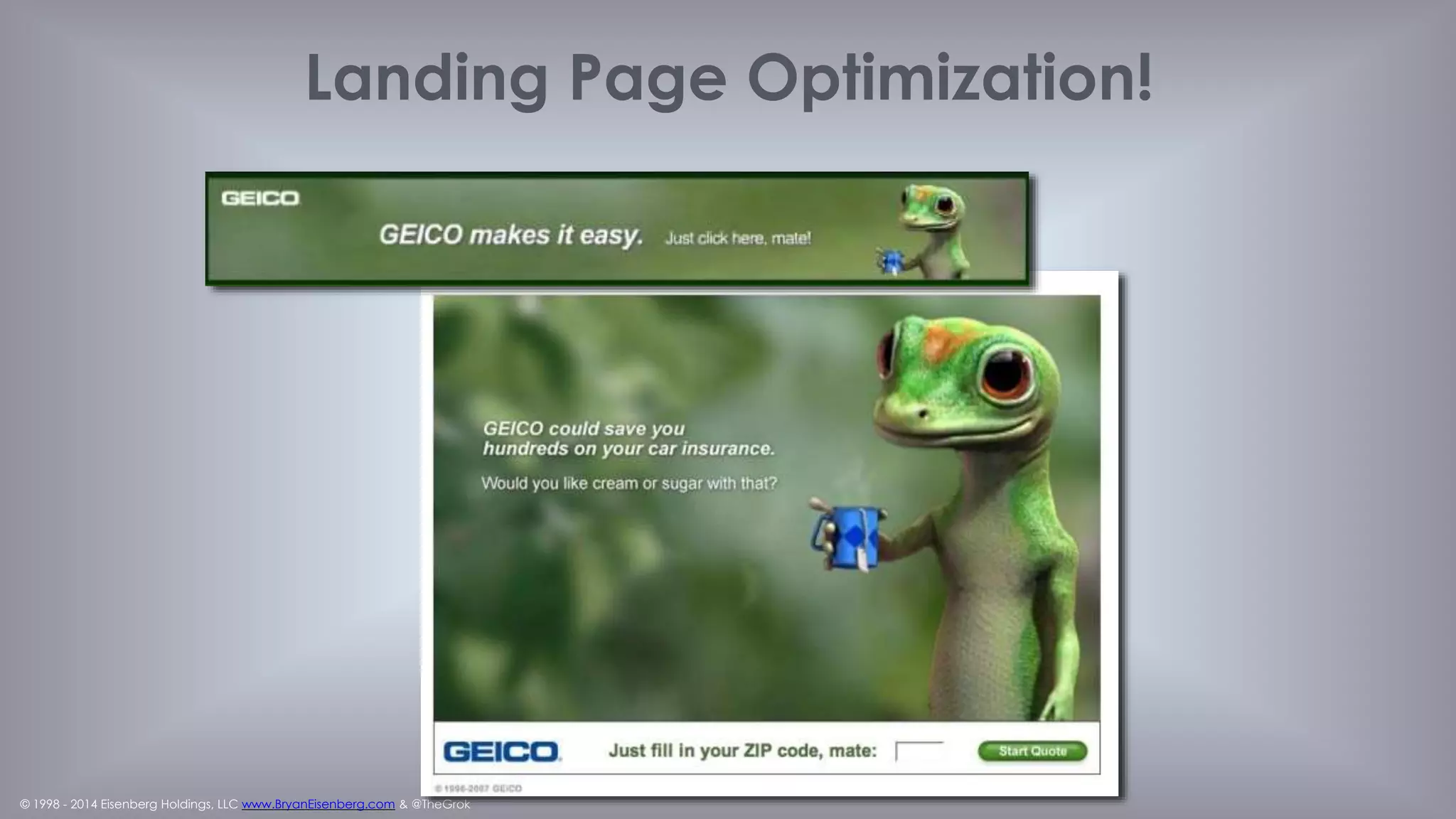 © 1998 - 2014 Eisenberg Holdings, LLC www.BryanEisenberg.com & @TheGrok
It’s A Journey, NOT A Destination
Conversion rate is a measure of your ability to persuade visitors to take the action
you want them to take.
It's a reflection of your effectiveness and customer satisfaction. For you to achieve
your goals, visitors must first achieve theirs.
Bryan Eisenberg, ClickZ 2001
“
“
 