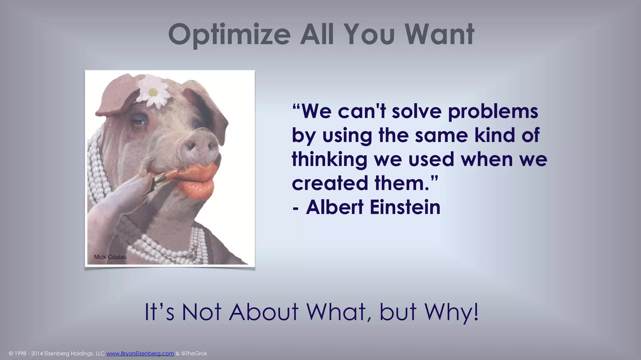 © 1998 - 2014 Eisenberg Holdings, LLC www.BryanEisenberg.com & @TheGrok
From John Gagnon & Ping Jen
19
Because Bing Ads' quality score is established after the fact, it isn't
used directly to determine your bid and your ad rank. We generate
quality score to help advertisers identify improvement opportunities.
Many people think that landing page relevance is between your
keyword and your landing page. It's actually based on the search
query your keywords trigger.
No problem No problem No problem
Poor No YesPoor Poor
Quality Score 1 to 5 QS=6 QS=7 to 10
Landing Page
UX
Landing Page
Relevance
Keyword
Relevance
Your KW CTR >
Marketplace Avg.
CTR
 