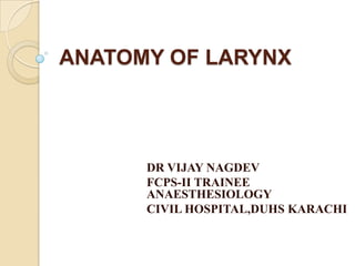 ANATOMY OF LARYNX
DR VIJAY NAGDEV
FCPS-II TRAINEE
ANAESTHESIOLOGY
CIVIL HOSPITAL,DUHS KARACHI
 