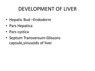 DEVELOPMENT OF LIVER
• Hepatic Bud –Endoderm
• Pars Hepatica
• Pars cystica
• Septum Transversum-Glissons
capsule,sinusoids of liver
 