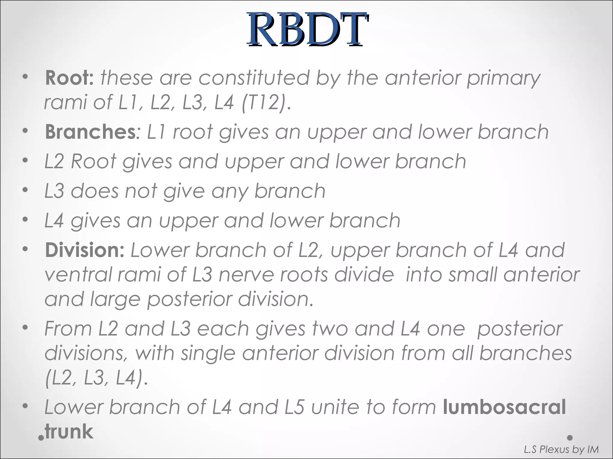 RRBBDDTT 
• Root: these are constituted by the anterior primary 
rami of L1, L2, L3, L4 (T12). 
• Branches: L1 root gives an upper and lower branch 
• L2 Root gives and upper and lower branch 
• L3 does not give any branch 
• L4 gives an upper and lower branch 
• Division: Lower branch of L2, upper branch of L4 and 
ventral rami of L3 nerve roots divide into small anterior 
and large posterior division. 
• From L2 and L3 each gives two and L4 one posterior 
divisions, with single anterior division from all branches 
(L2, L3, L4). 
• Lower branch of L4 and L5 unite to form lumbosacral 
trunk 
L.S Plexus by IM 
 