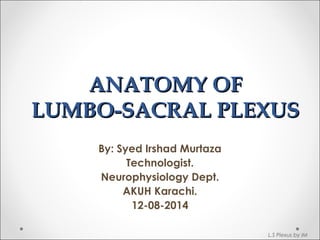 AANNAATTOOMMYY OOFF 
LLUUMMBBOO--SSAACCRRAALL PPLLEEXXUUSS 
By: Syed Irshad Murtaza 
Technologist. 
Neurophysiology Dept. 
AKUH Karachi. 
12-08-2014 
L.S Plexus by IM 
 