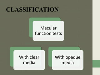 CLASSIFICATION
Macular
function tests
With clear
media
With opaque
media
 