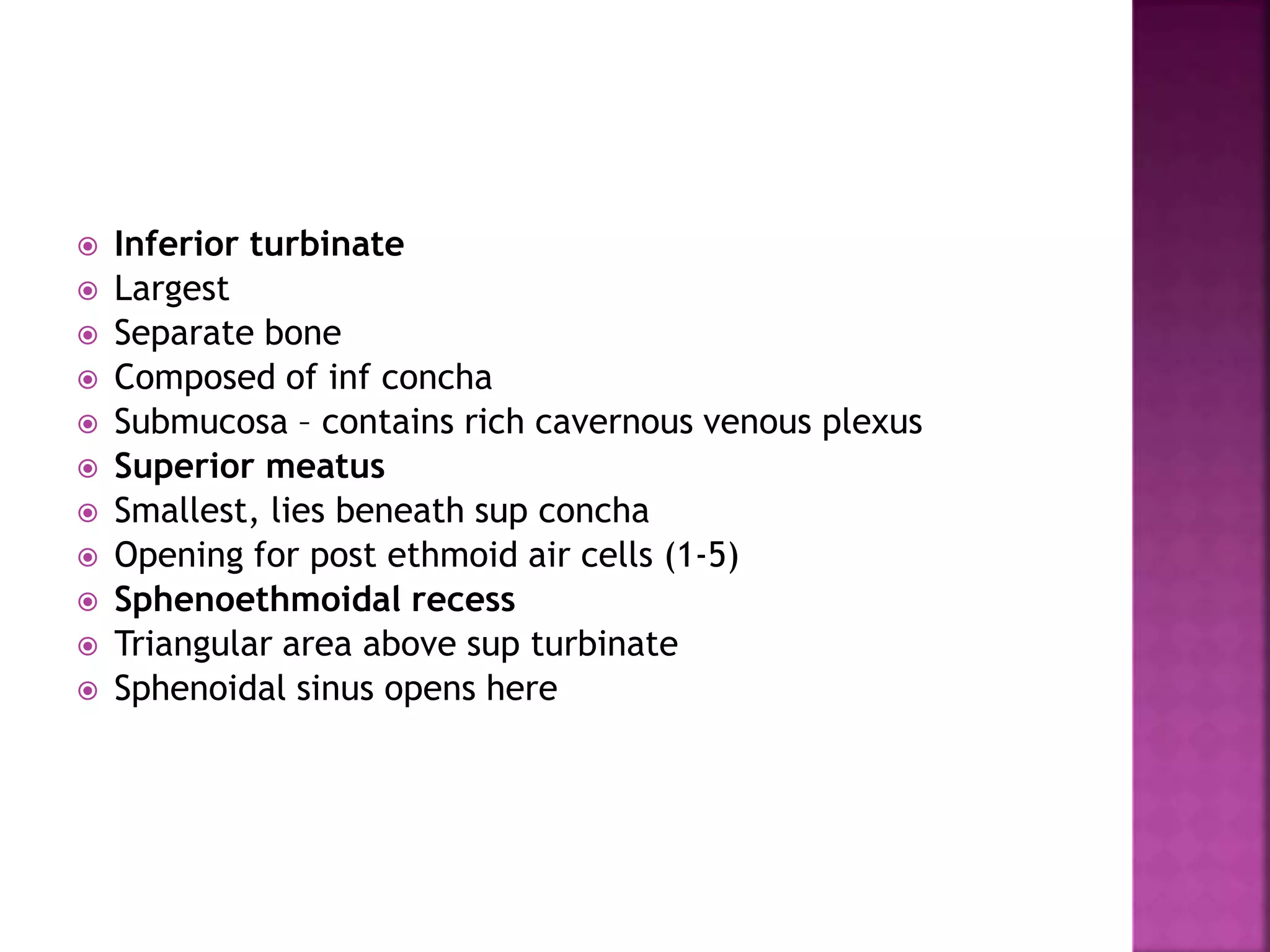  Inferior turbinate
 Largest
 Separate bone
 Composed of inf concha
 Submucosa – contains rich cavernous venous plexus
 Superior meatus
 Smallest, lies beneath sup concha
 Opening for post ethmoid air cells (1-5)
 Sphenoethmoidal recess
 Triangular area above sup turbinate
 Sphenoidal sinus opens here
 