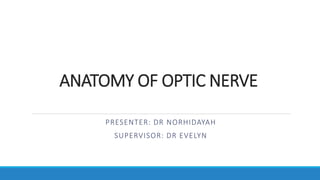 ANATOMY OF OPTIC NERVE
PRESENTER: DR NORHIDAYAH
SUPERVISOR: DR EVELYN
 