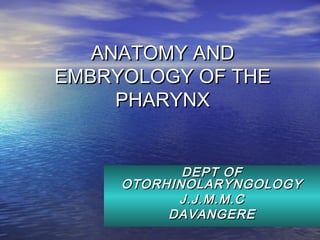 ANATOMY AND
EMBRYOLOGY OF THE
     PHARYNX


            DEPT OF
     OTORHINOLARYNGOLOGY
           J.J.M.M.C
          DAVANGERE
 