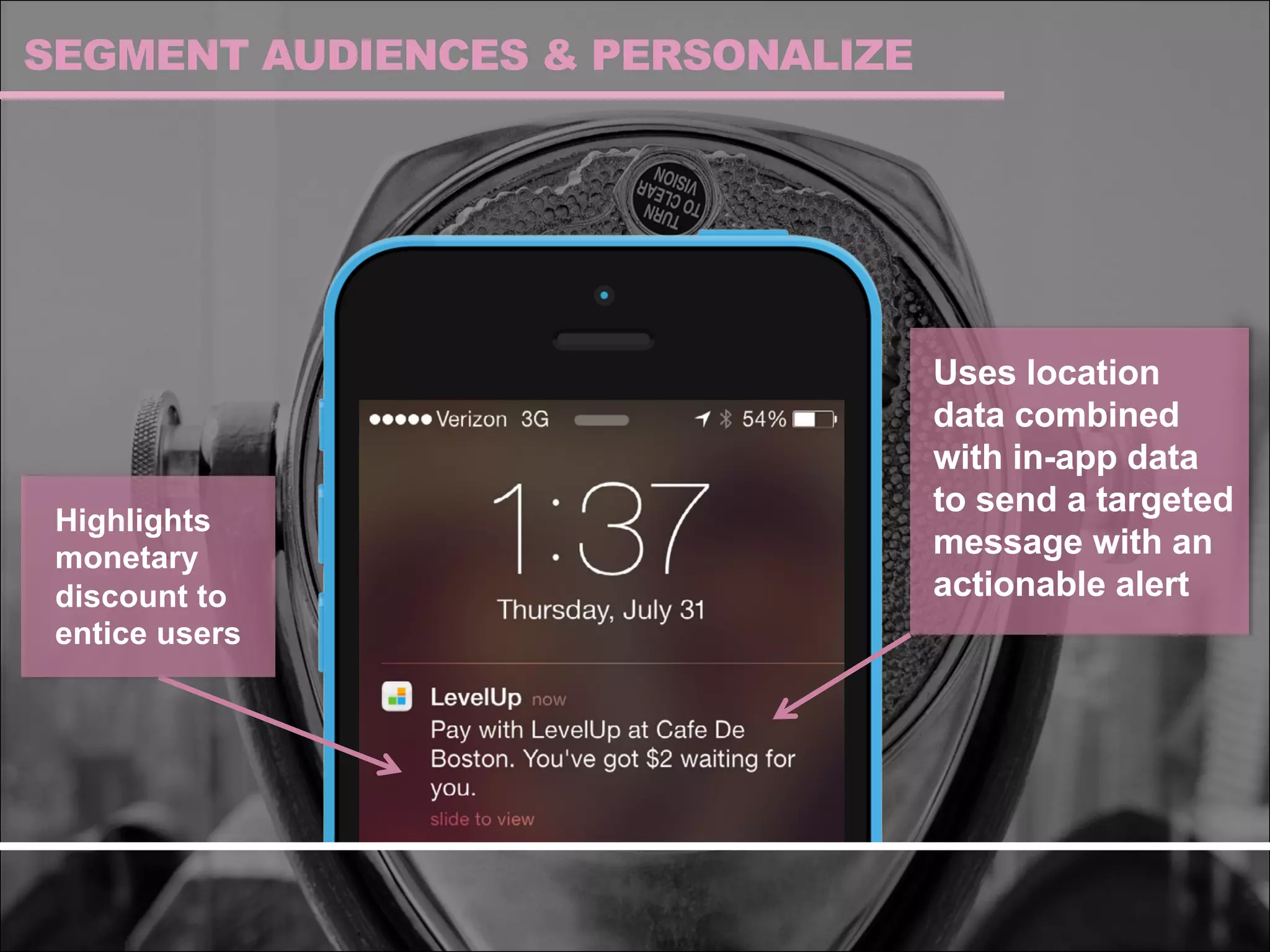 SEGMENT AUDIENCES & PERSONALIZE
Uses location
data combined
with in-app data
to send a targeted
message with an
actionable alert
Highlights
monetary
discount to
entice users
 