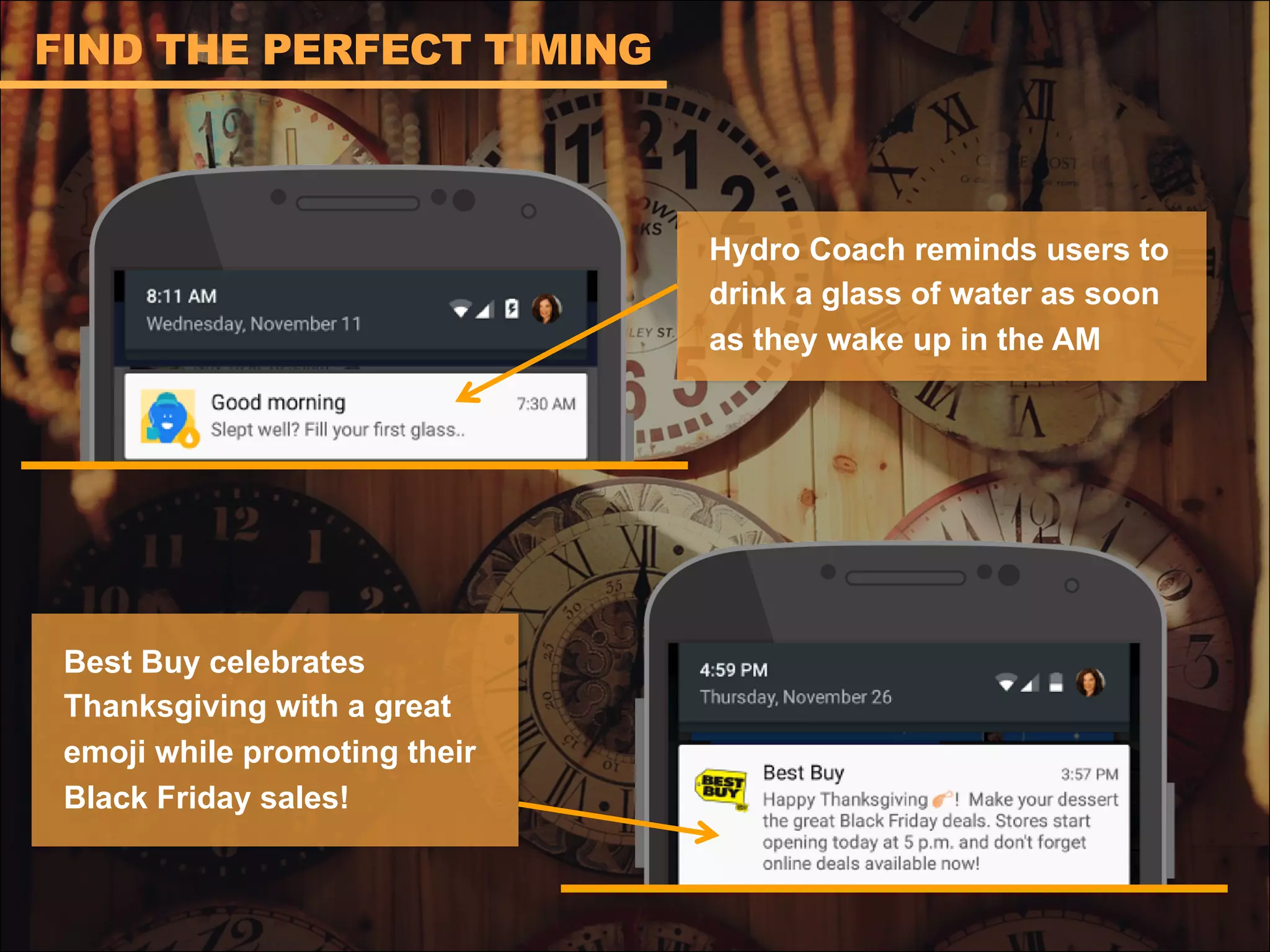 FIND THE PERFECT TIMING
Hydro Coach reminds users to
drink a glass of water as soon
as they wake up in the AM
Best Buy celebrates
Thanksgiving with a great
emoji while promoting their
Black Friday sales!
 