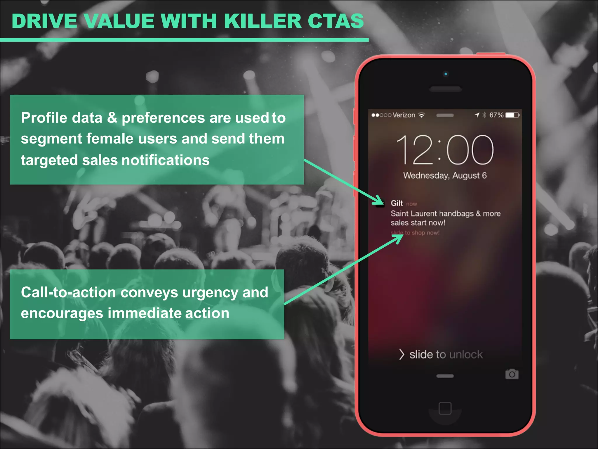 DRIVE VALUE WITH KILLER CTAS
Call-to-action conveys urgency and
encourages immediate action
Profile data & preferences are usedto
segment female users and send them
targeted sales notifications
 